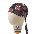 Music ACDC Band scrub cap side profile showing black red pattern with band logos