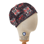 Music ACDC Band scrub cap with black background and red AC/DC logos shown on mannequin head