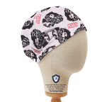 Music Kiss Band scrub cap with black band member faces on white fabric, side profile view