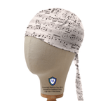 Music sheet pattern scrub cap with tie detail shown on mannequin head side view