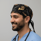 Black scrub cap with golden musical instruments pattern featuring French horns and trumpets