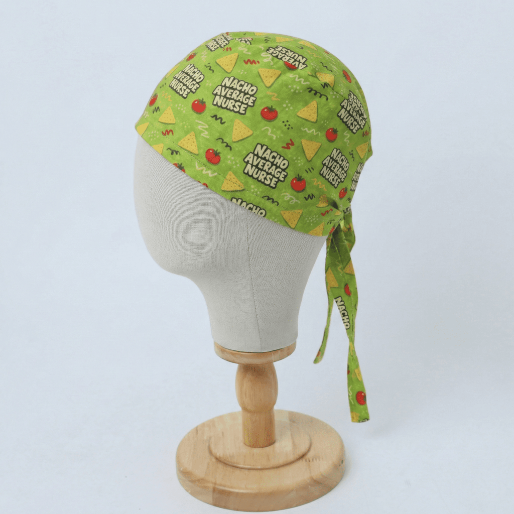 Green Nacho Average Nurse scrub cap with avocado pattern shown on mannequin head side view