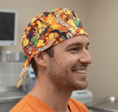 Naruto Shippuden scrub cap shown on model