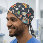 Christmas nativity themed scrub cap with wise men, stars and religious scenes on dark background