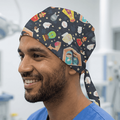 Christmas nativity themed scrub cap with wise men, stars and religious scenes on dark background