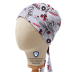 Gray scrub cap with red "FRIGHT" text and skeletal Christmas characters shown on mannequin head side view