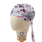 Nightmare Before Christmas Santa Presents scrub cap side view showing grey fabric with red and black holiday graphics
