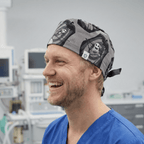 Grey and black Halloween pirate skull pattern scrub cap with tie-back closure