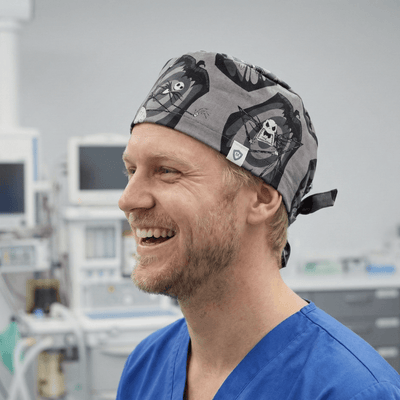 Nightmare Before Christmas Graveyard scrub cap shown on model