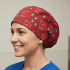 Red MRSA awareness print scrub cap with antimicrobial text pattern