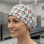 White scrub cap with colourful nurse faces and 'Nurses Save Lives' text pattern