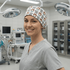 Healthcare worker wearing white scrub cap with "Nurses Save Lives" pattern in operating room setting