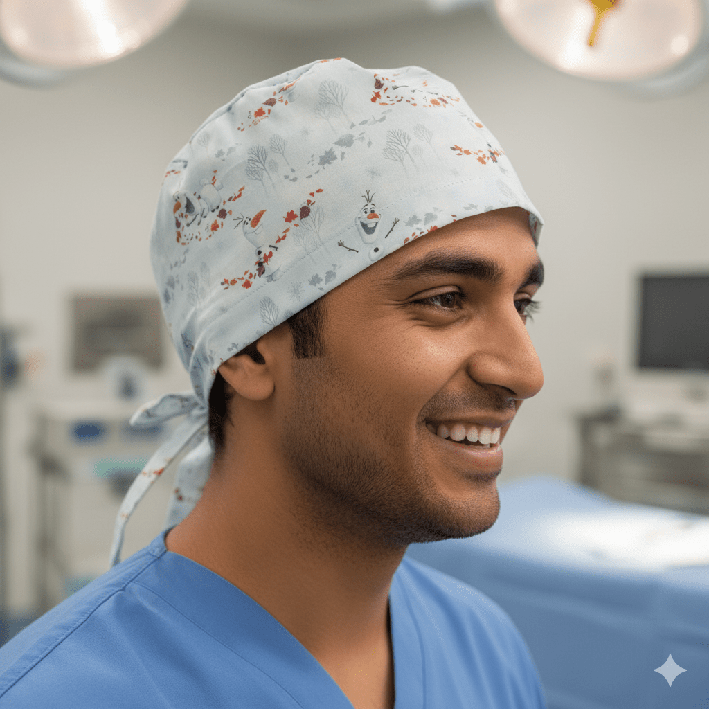 Light blue Frozen themed scrub cap with Olaf snowman pattern and tie-back design