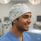 Light blue Frozen themed scrub cap with Olaf snowman pattern and tie-back design