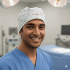 Healthcare worker wearing white Olaf Frozen scrub cap with orange carrot nose pattern, front view