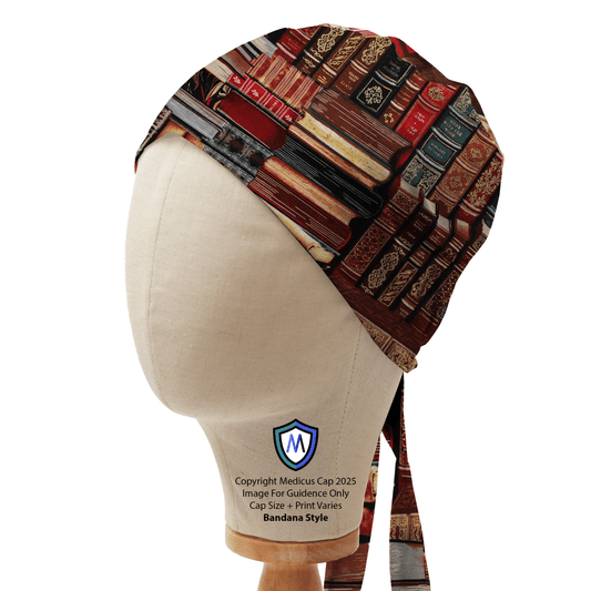 Bandana-style scrub cap with an old book library pattern by Medicus Caps, displayed on a mannequin to showcase its design and fit.