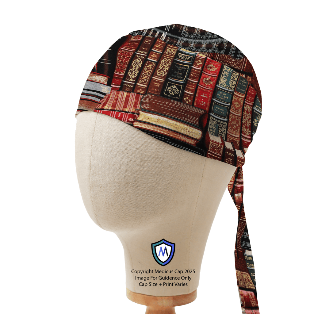 Bandana-style scrub cap with an old book library pattern by Medicus Caps, displayed on a mannequin to showcase its design and fit.