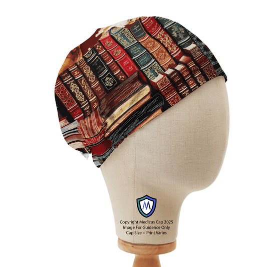 Bandana-style scrub cap with an old book library pattern by Medicus Caps, displayed on a mannequin to showcase its design and fit.