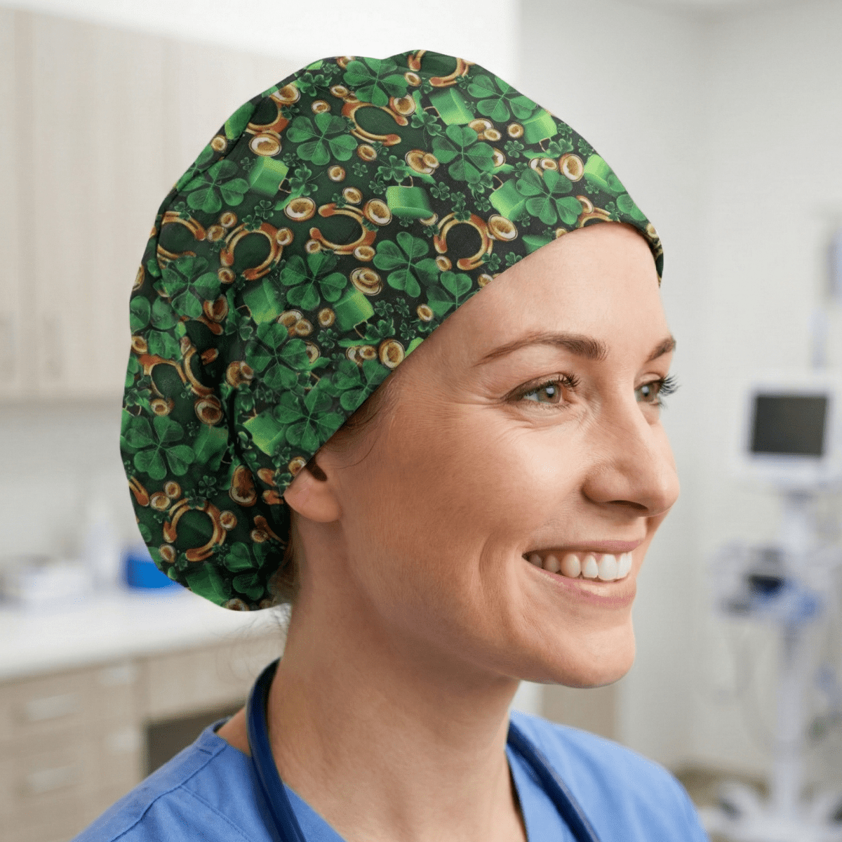 Green shamrock pattern scrub cap with gold circles and Celtic design elements