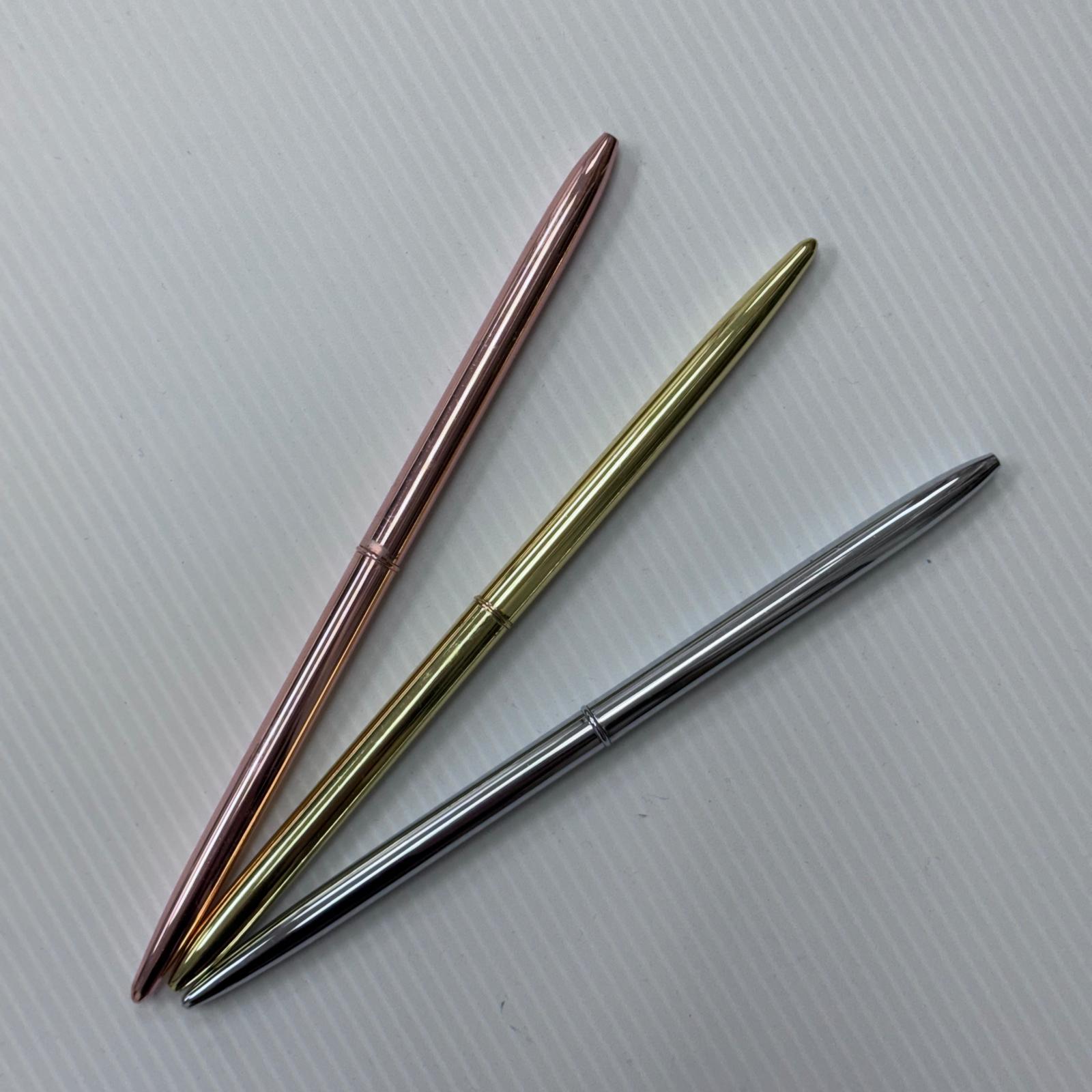 Metal Chrome Plated Pens from Medicus Scrub Caps in rose gold, gold, and silver, displayed on a textured white background.