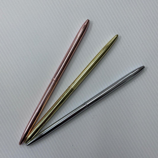 Metal Chrome Plated Pens from Medicus Scrub Caps in rose gold, gold, and silver, displayed on a textured white background.