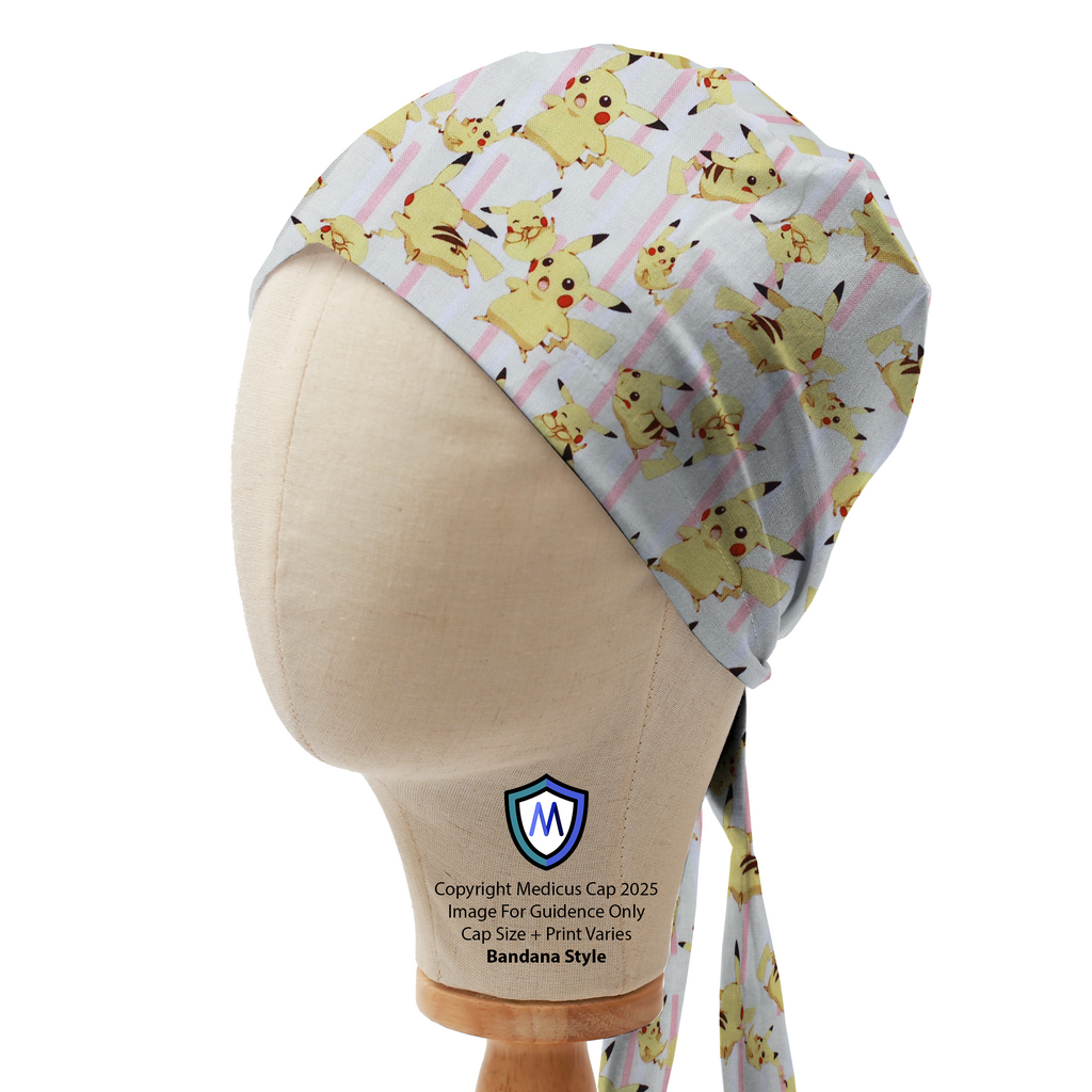 Mannequin head wearing a Medicus Scrub Cap featuring Pikachu on pink-lined fabric, bandana style.
