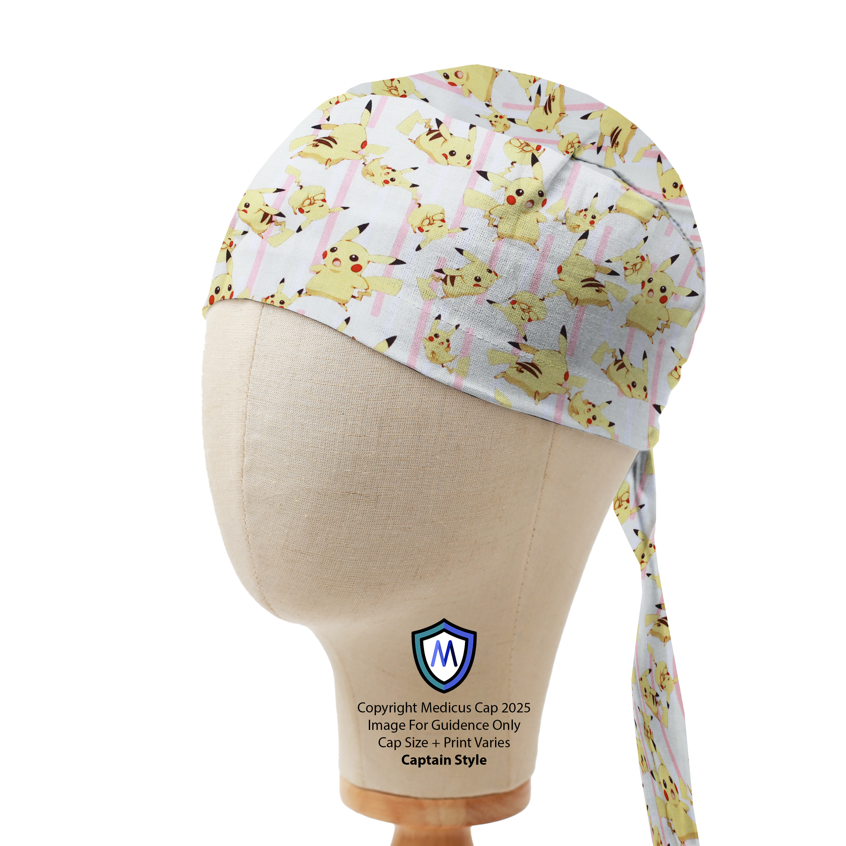 Mannequin head wearing a Medicus Scrub Cap with Pikachu and pink lines, captain style.