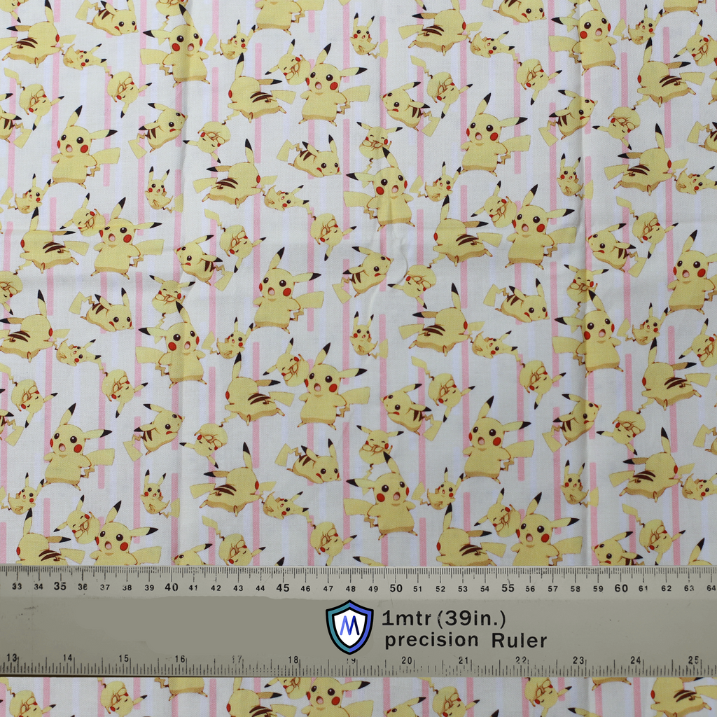 Fabric sample with Pikachu and lightning bolts on a pink-striped background, used for Medicus Scrub Caps. 1-meter ruler included for scale.
