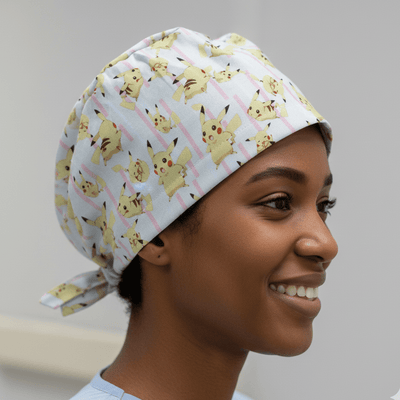 Pikachu On Pink Lines scrub cap shown on model