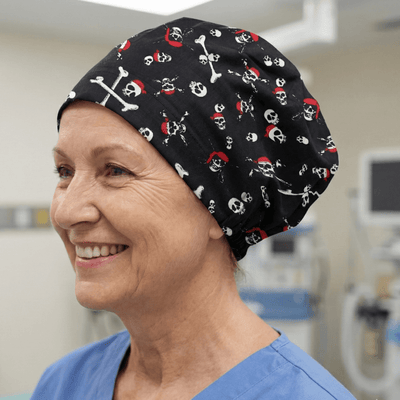 Pirate Skulls and Bones scrub cap shown on model