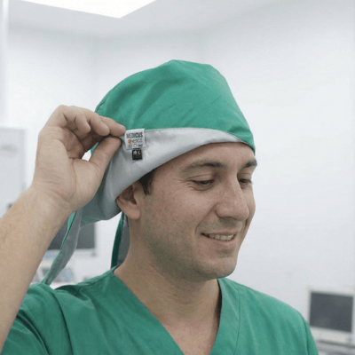 Satin Lined Scrub Caps on model showing soft plain cotton exterior design