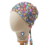 Colorful Pokemon characters scrub cap with kawaii style design shown on mannequin head side view