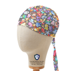 Side view of Pokemon colorful gang kawaii style scrub cap with tie detail on mannequin head