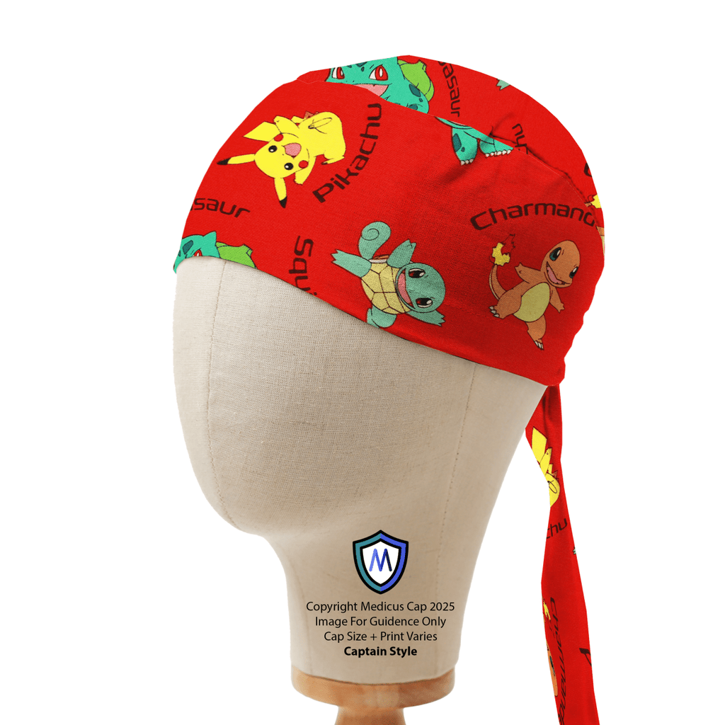 Mannequin head wearing a red Medicus Scrub Cap with Pokémon print, featuring Pikachu, Charmander, Squirtle, and Bulbasaur.