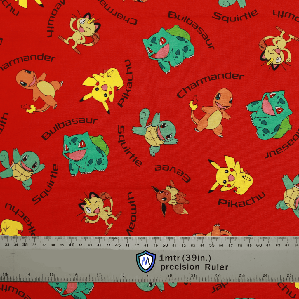 Fabric sample with Pokémon print on red background for Medicus Scrub Caps, featuring Pikachu, Charmander, and others, with a ruler for scale.
