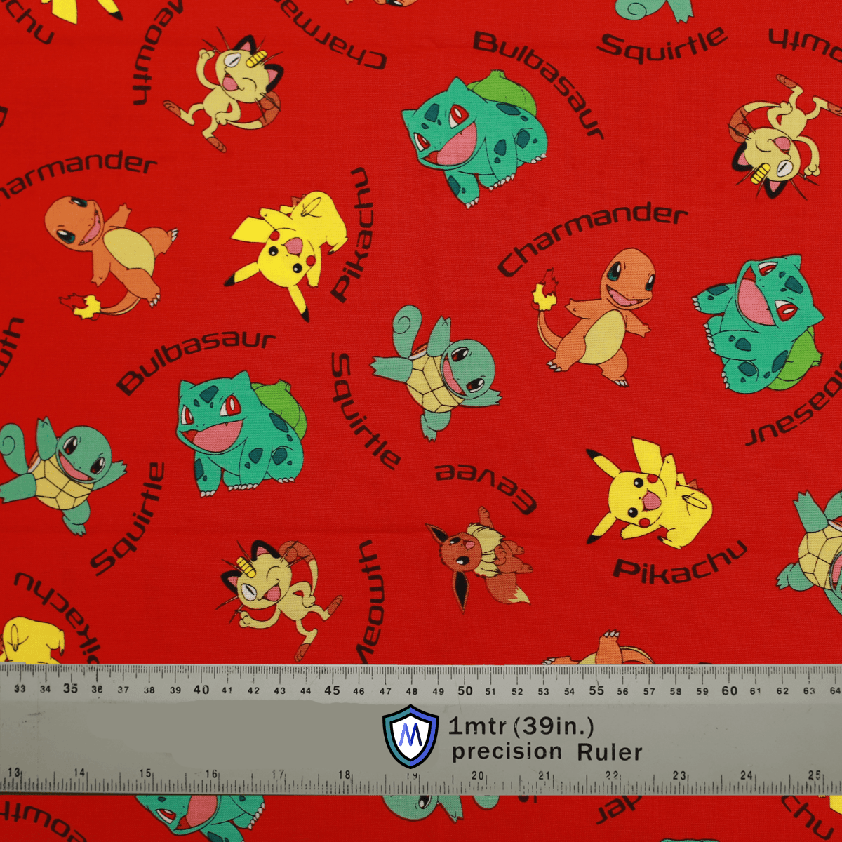 Fabric sample with Pokémon print on red background for Medicus Scrub Caps, featuring Pikachu, Charmander, and others, with a ruler for scale.