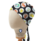 Side profile of Pokemon Black Circles scrub cap showing colorful character circles on black fabric