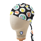 Pokemon Black Circles scrub cap side profile showing colorful character circles on black fabric