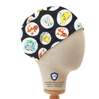 Side view of Pokemon Black Circles scrub cap showing colorful Pokemon characters in white circles on black fabric