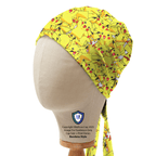 Side profile view of bright yellow Pikachu pattern scrub cap with red accents on mannequin head