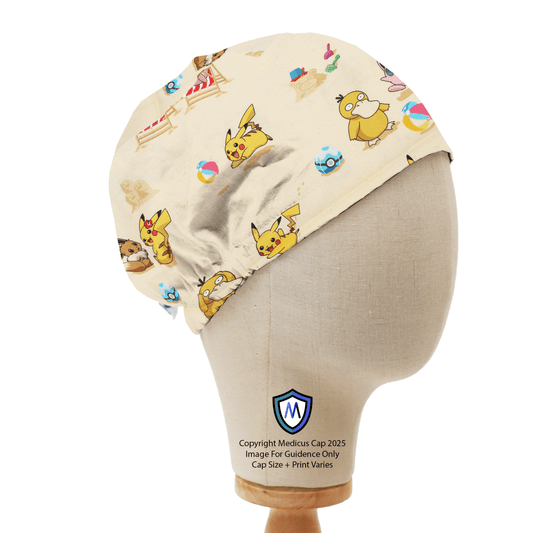 Medicus Scrub Cap featuring a summer-themed Pokémon design with Pikachu, Psyduck, and beach elements on a light background.