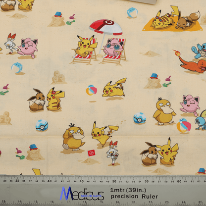 Medicus Scrub Caps' "Pokemon Summer Pikachu" scrub cap fabric featuring Pikachu, Eevee, Jigglypuff, and more enjoying a beach day with umbrellas and beach balls.