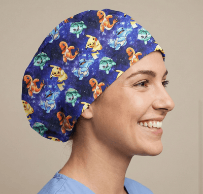 Navy blue Pokemon character pattern scrub cap with Pikachu Squirtle design