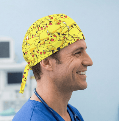 Bright yellow Pokemon Pikachu pattern scrub cap with cartoon characters on medical professional
