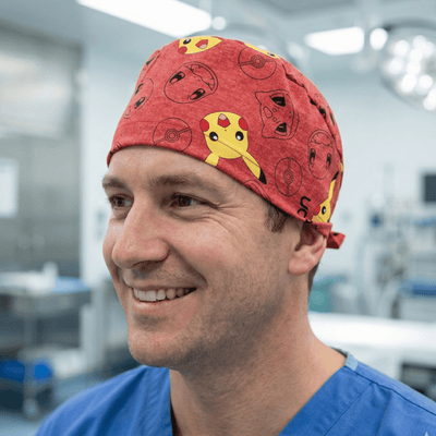 Red Pokemon character print scrub cap with Pikachu and other cartoon designs