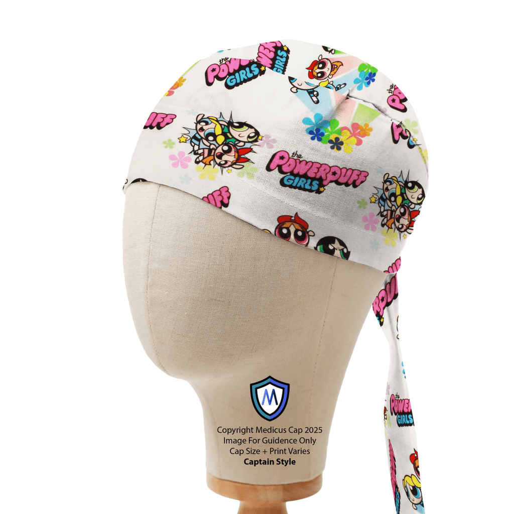 Medicus Scrub Cap featuring a colorful Powerpuff Girls pattern on a white background. Stylish and fun headwear for medical professionals.