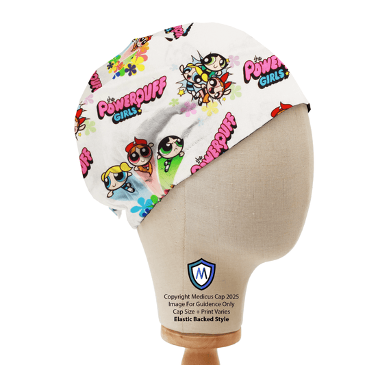 Medicus Scrub Cap featuring a Powerpuff Girls pattern on a white background. Elastic-backed style for a comfortable fit.