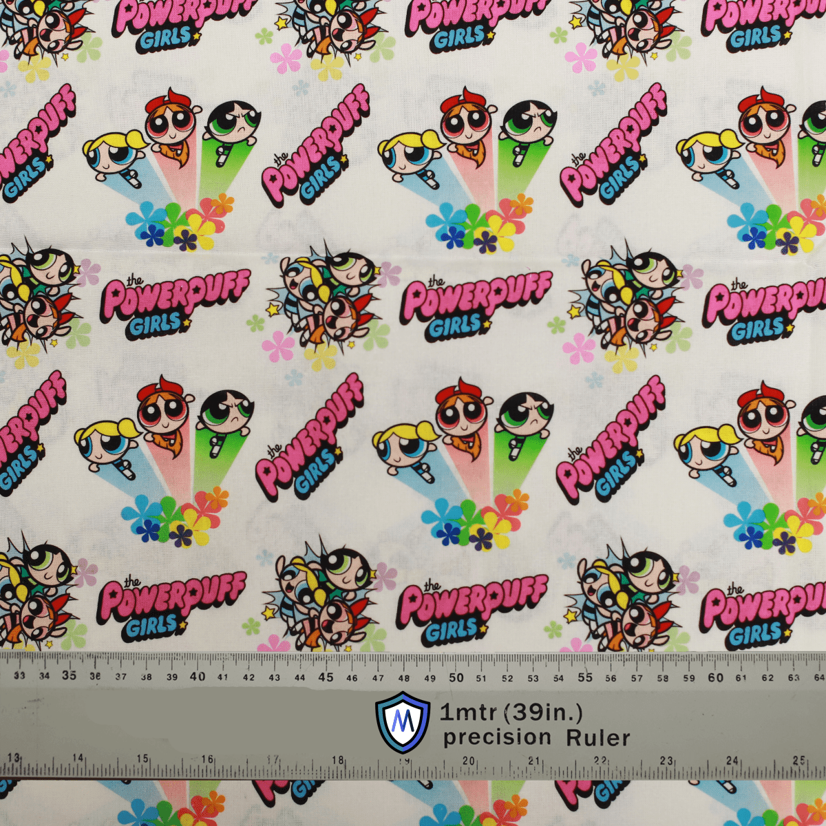Powerpuff Girls Medicus Scrub Cap fabric with colorful character print on a white background. Bold superhero theme perfect for healthcare professionals.