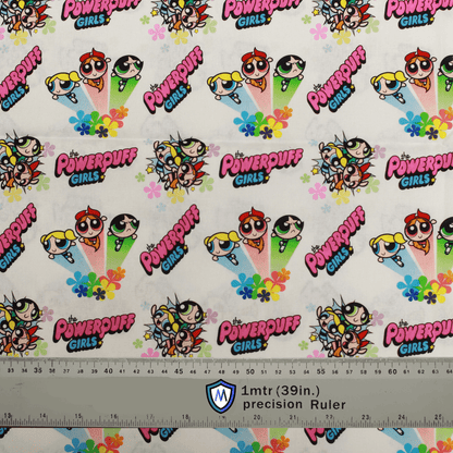 Powerpuff Girls Medicus Scrub Cap fabric with colorful character print on a white background. Bold superhero theme perfect for healthcare professionals.