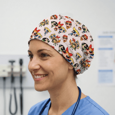 Powerpuff Girls cartoon character pattern scrub cap with colourful superhero designs